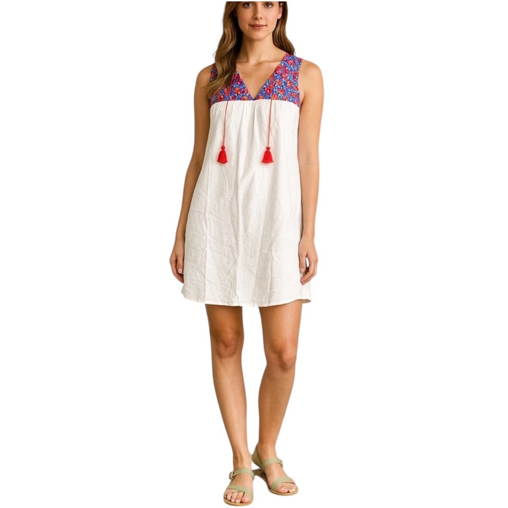Old Navy Women’s Classic Linen Blend Embroidered V-Neck Dress w/ Tassels Size XS